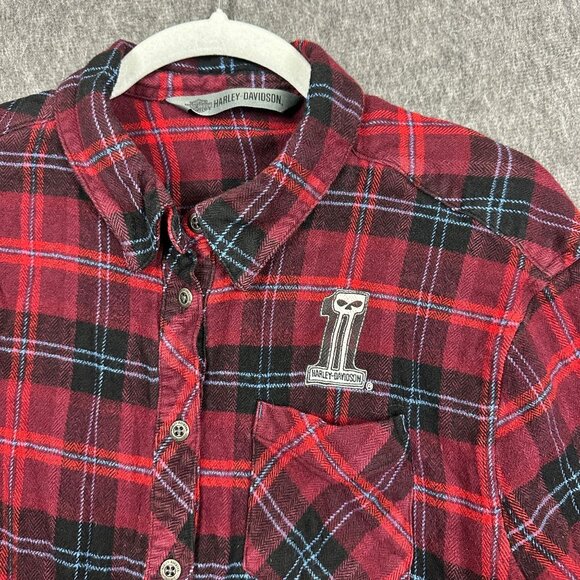 Harley Davidson Womens L Red Plaid Flannel Shirt "Aint No Darling" Graphic Back - Picture 3 of 11